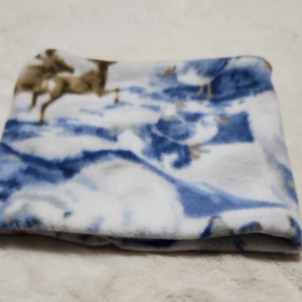 Blue and White Fleece Neck Scarf with Horse And Polar Bear Design. Handmade.